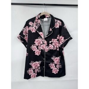 LE ROSE Black Floral Women's Button Up Pajama Top Size S Pocket Feminine Sleep